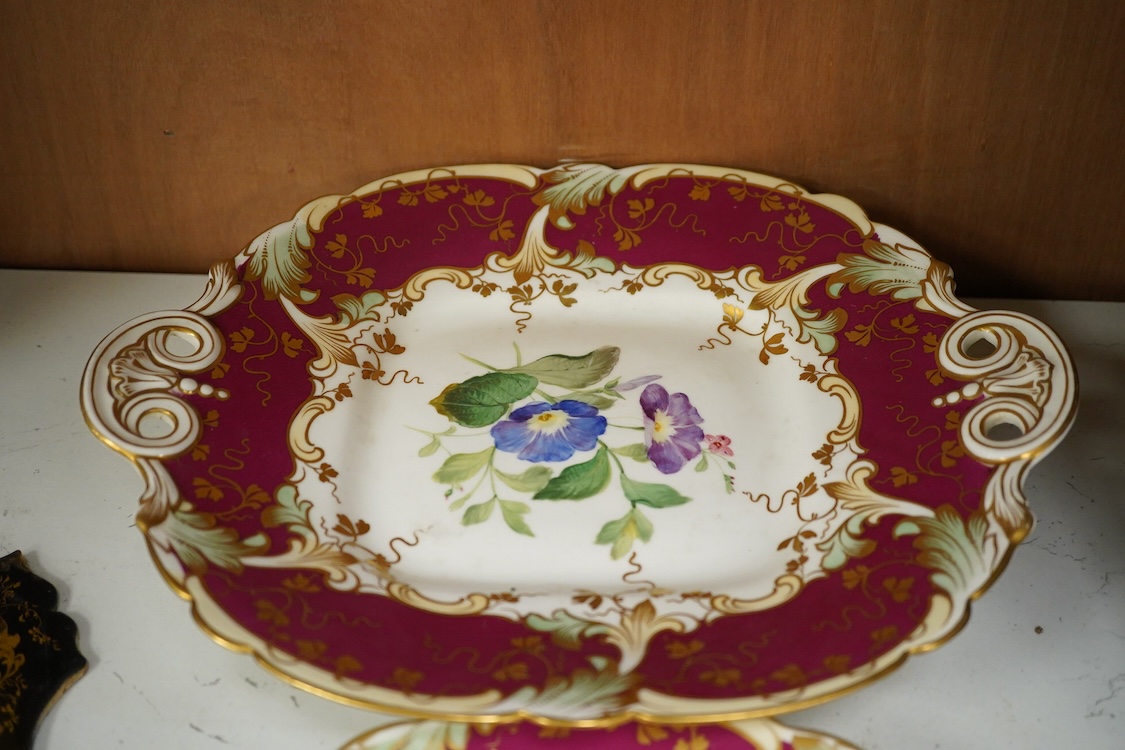 An early 19th century pearlware sprigged jug and four mid 19th century Ridgway flower painted dessert plates